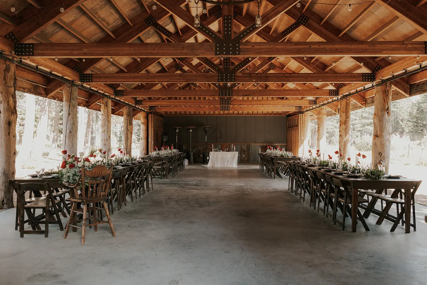 The covered pavilion laid for dinner before anyone arrives.